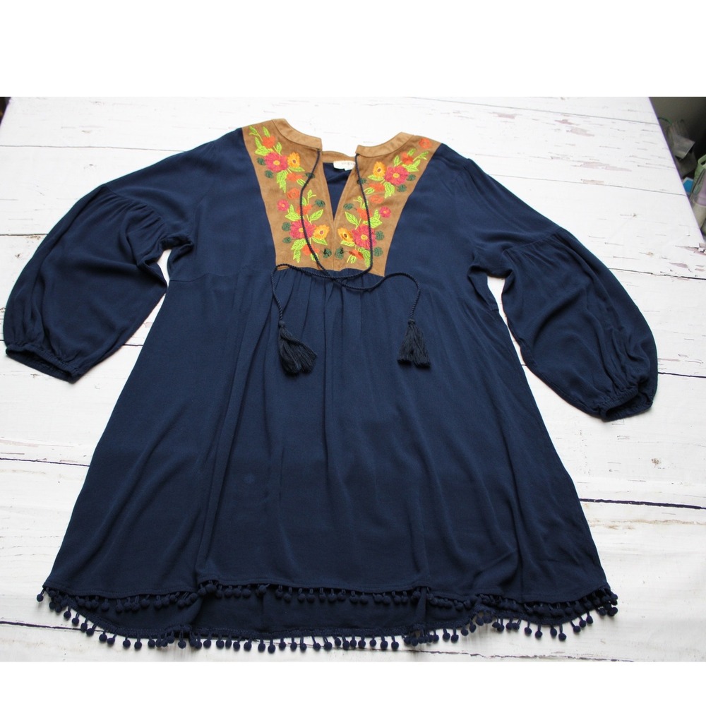 Umgee USA Navy Blue Floral Embroidered Boho Tunic Top Pom Pom Trim Large
